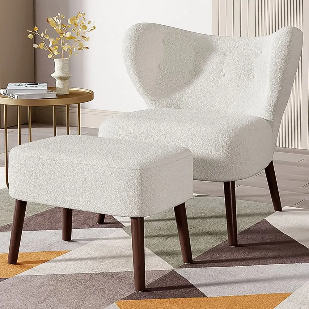 Tufted Accent Chair with Footstool - White, Teddy Bear Fur
