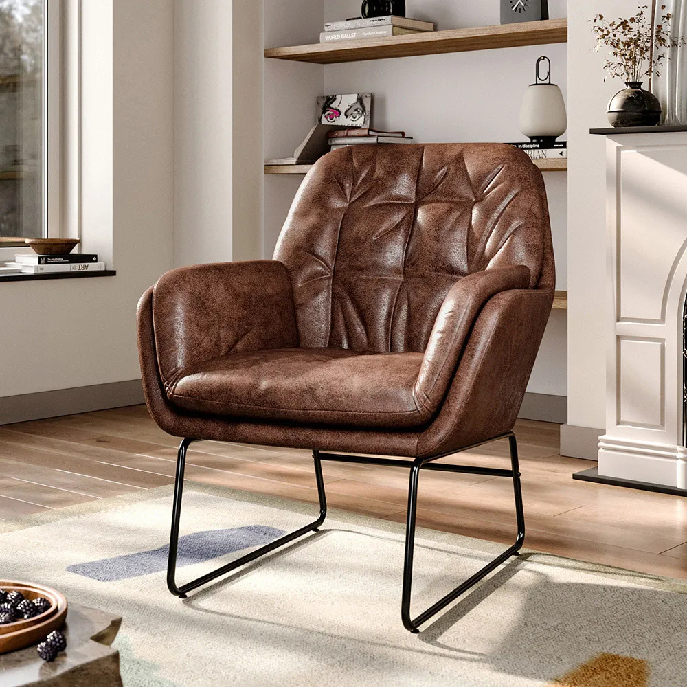 Tufted Armchair with Metal Legs - Brown