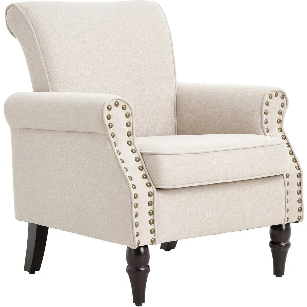 Velvet and Linen Upholstered Armchair - Beige