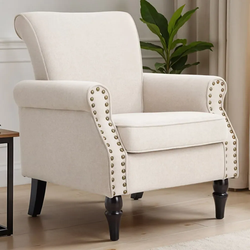 Velvet and Linen Upholstered Armchair - Beige image