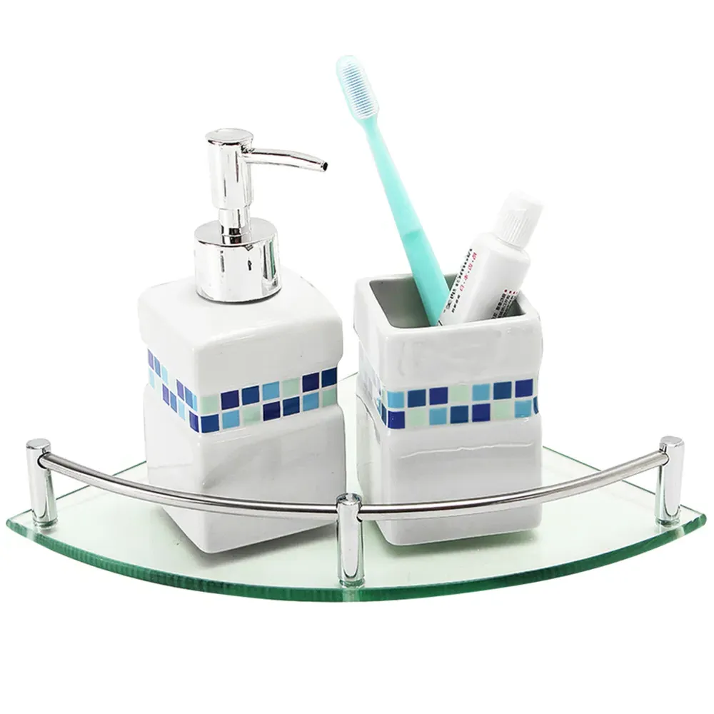 Wall Mounted Corner Shelf with Rail - Silver