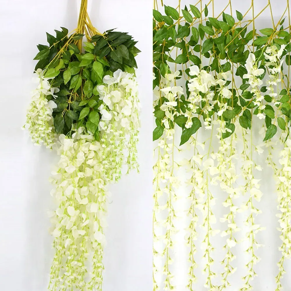 White Wisteria Hanging Vines 12 Pack - White, Silk