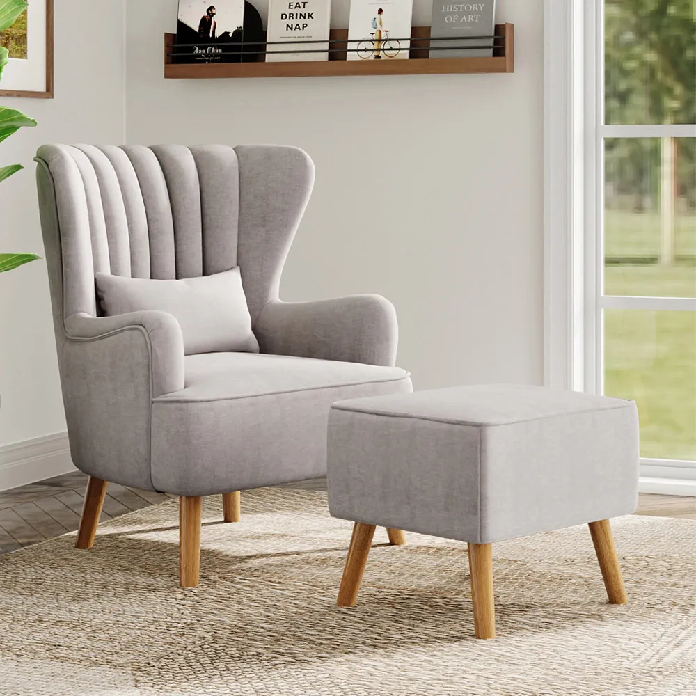 Wing Back Armchair with Footstool - Grey