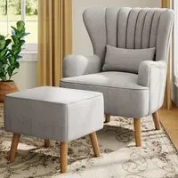 Wing Back Armchair with Footstool - Grey