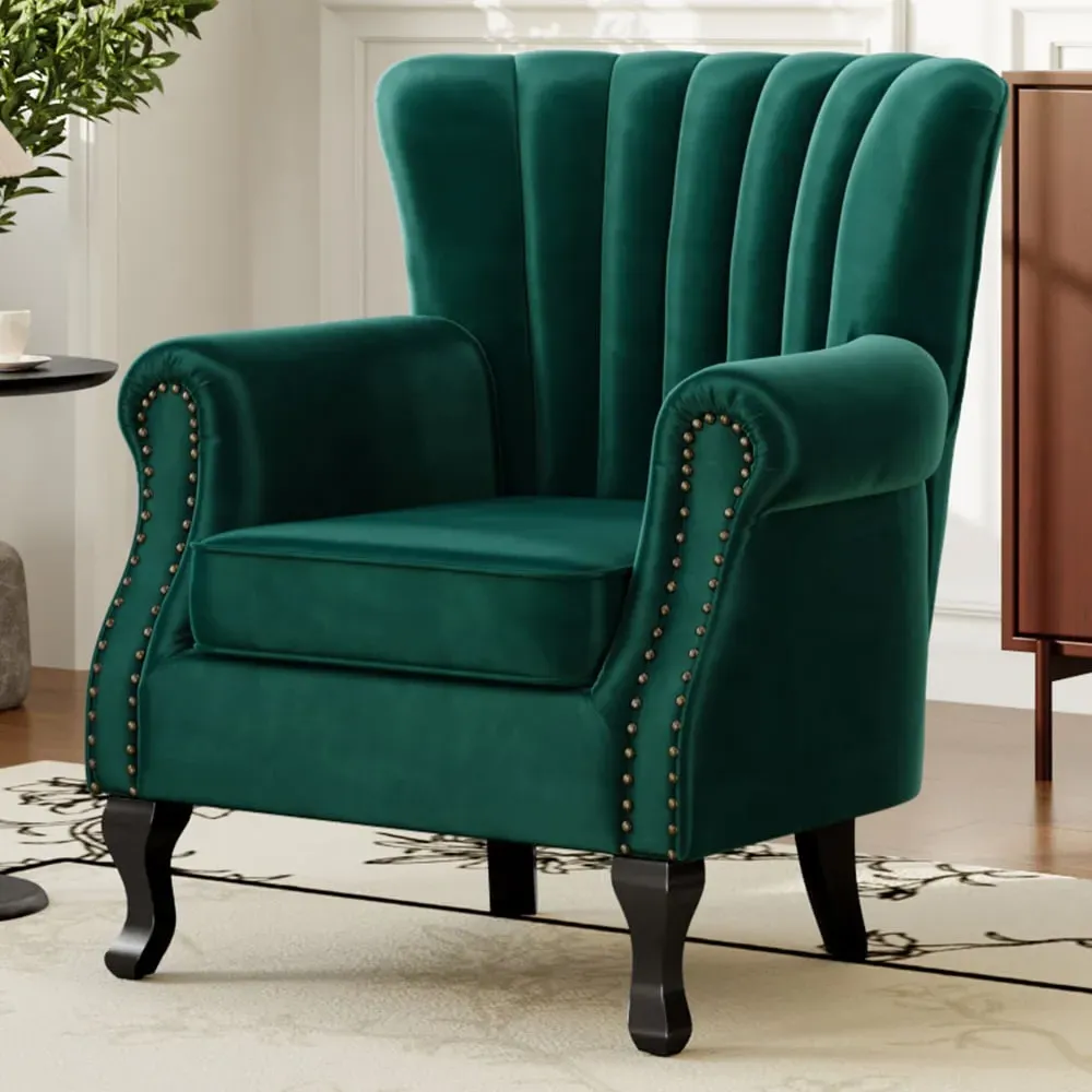 Wingback Armchair with Studs - Green, Velvet