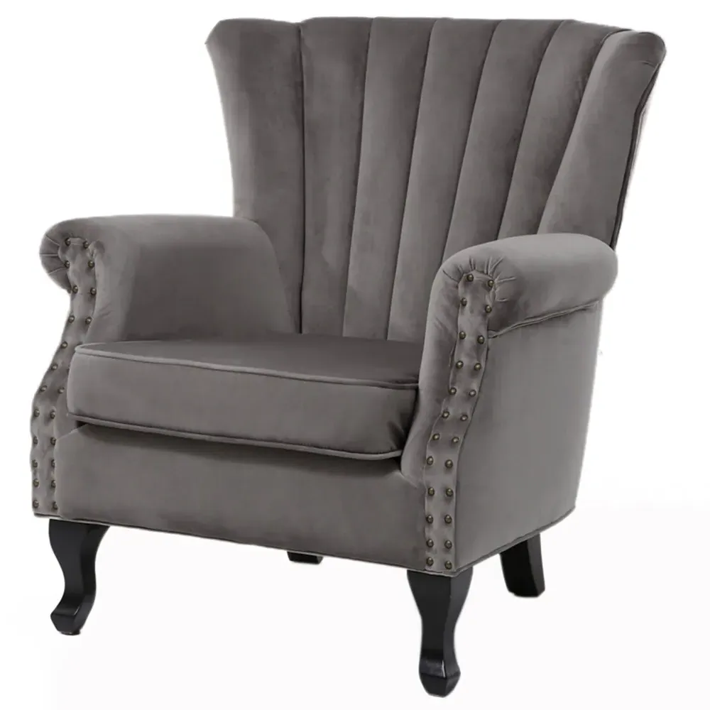 Wingback Armchair with Studs - Grey, Velvet