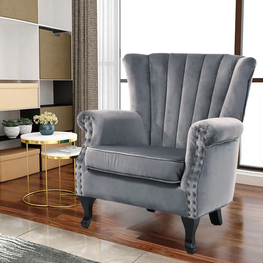 Wingback Armchair with Studs - Grey, Velvet