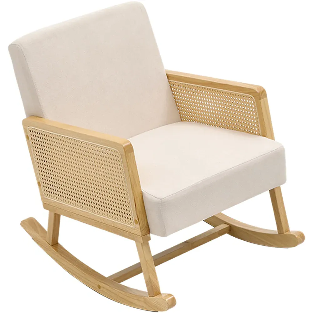 Wooden Rocking Chair with Rattan Armrests - Cream