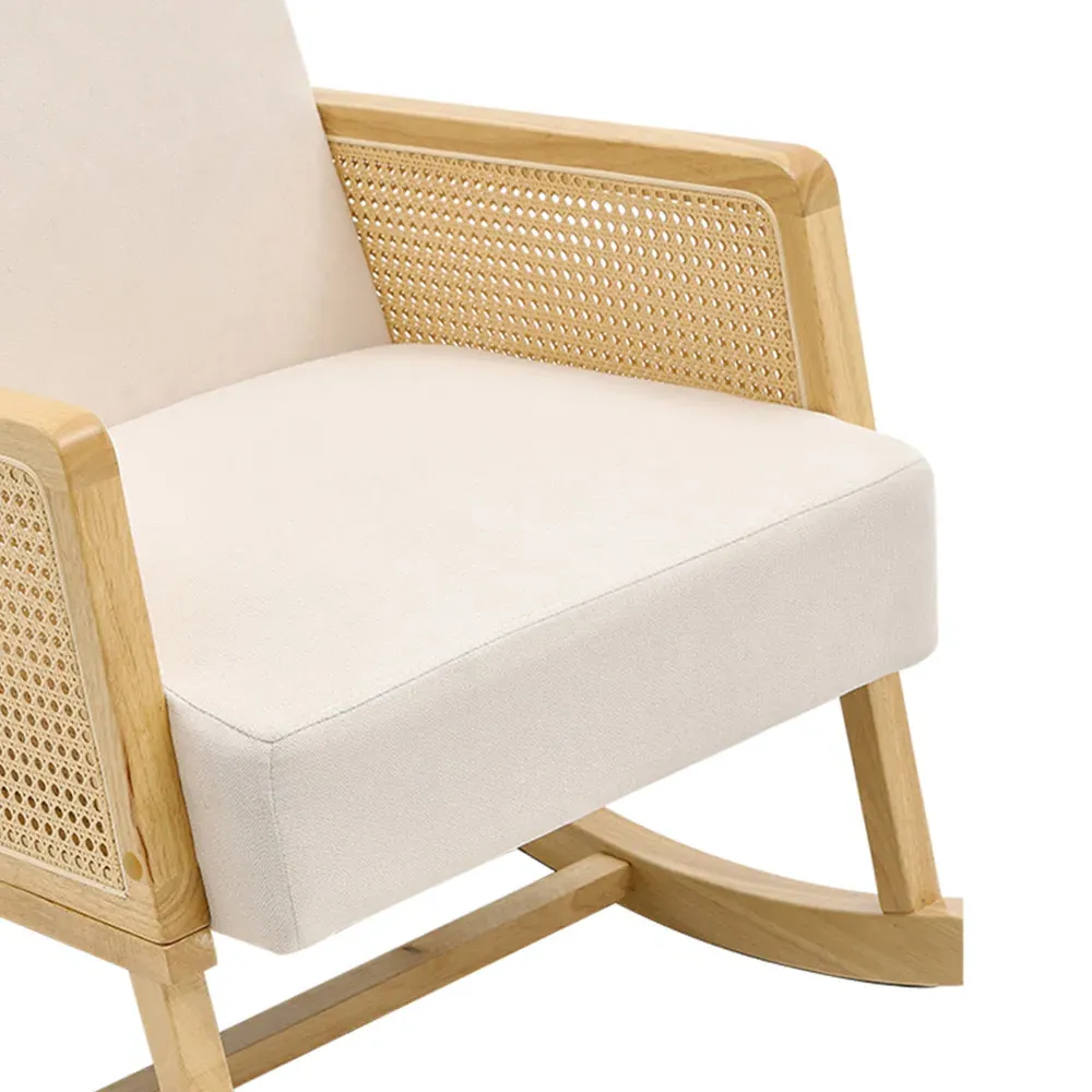 Wooden Rocking Chair with Rattan Armrests - Cream