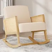 Wooden Rocking Chair with Rattan Armrests - Cream