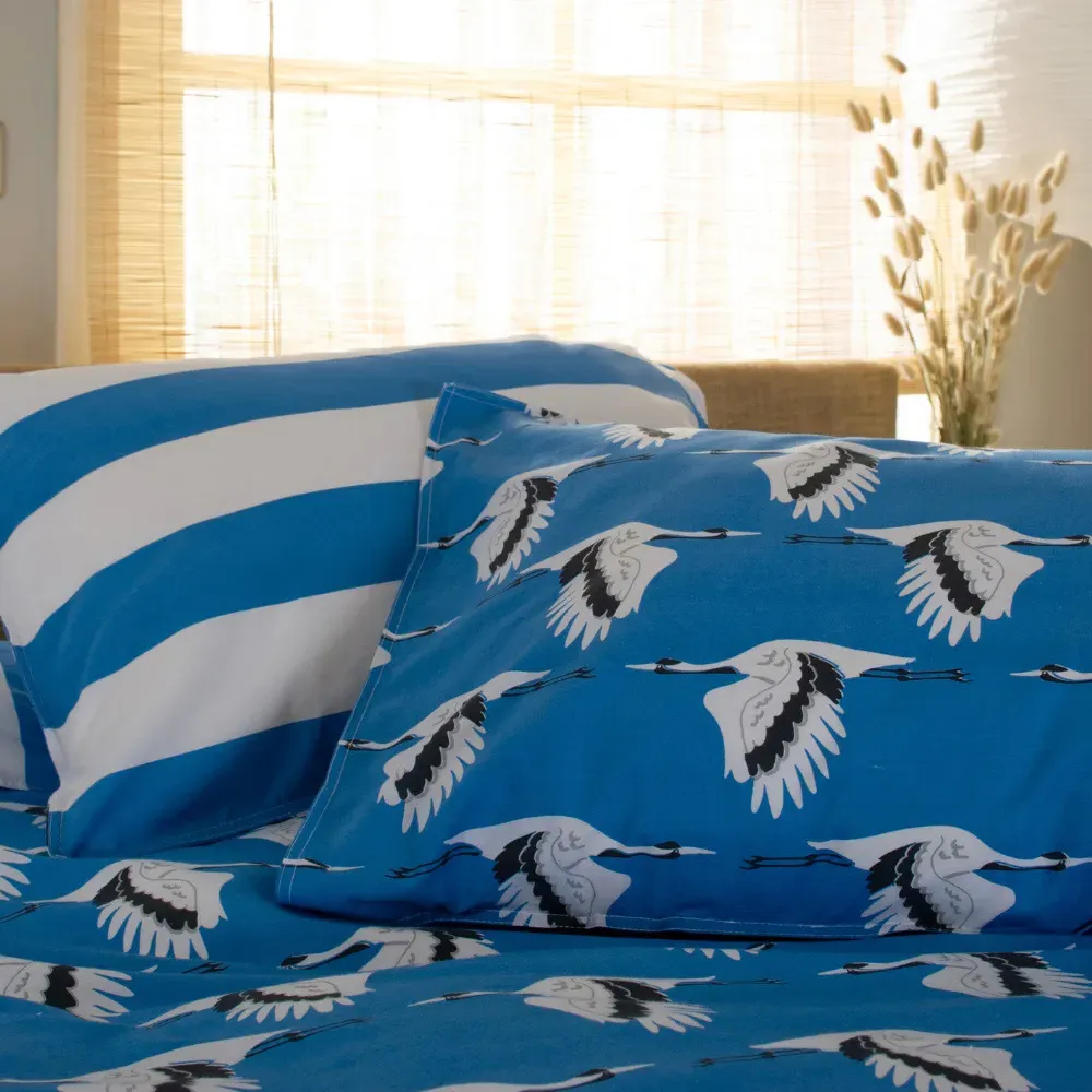 Sedge Double Crane Duvet Set with Stripes - Blue, Cotton