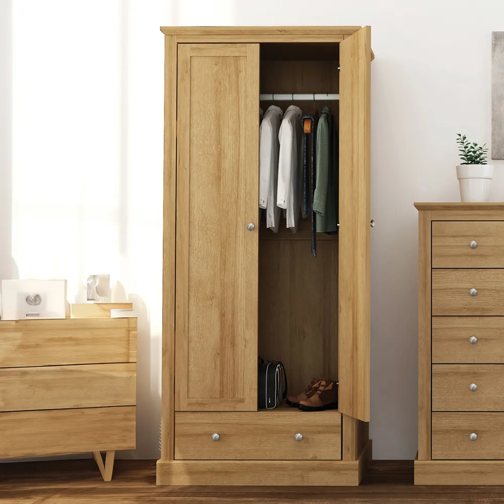 Devon 2 Door Wardrobe with Drawer - Brown, Oak Effect