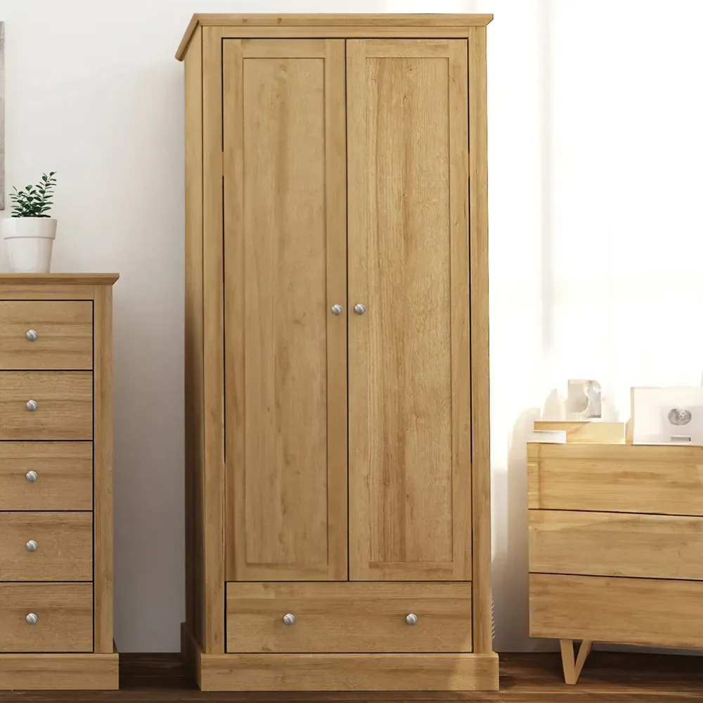 Devon 2 Door Wardrobe with Drawer - Brown, Oak Effect