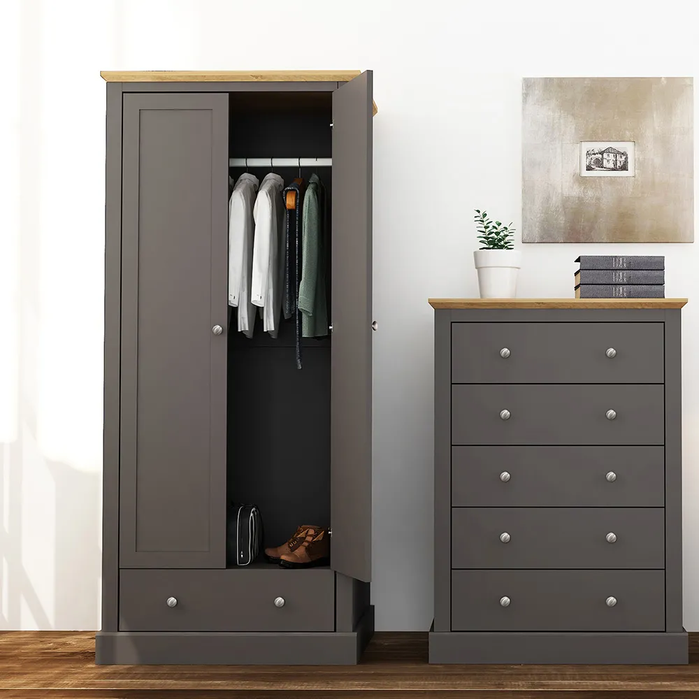 Devon 2 Door Wardrobe with Drawer - Charcoal, Oak Effect