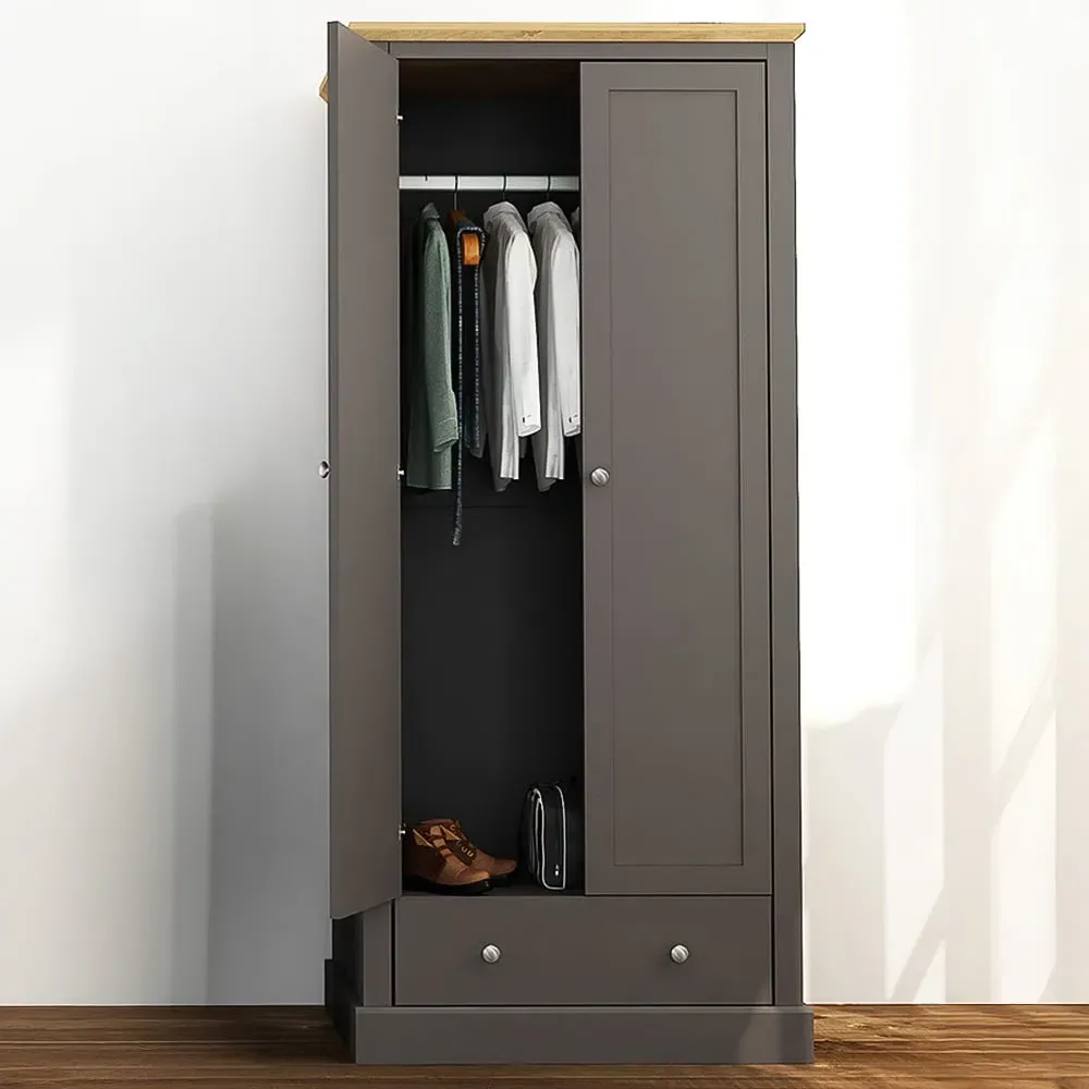 Devon 2 Door Wardrobe with Drawer - Charcoal, Oak Effect image