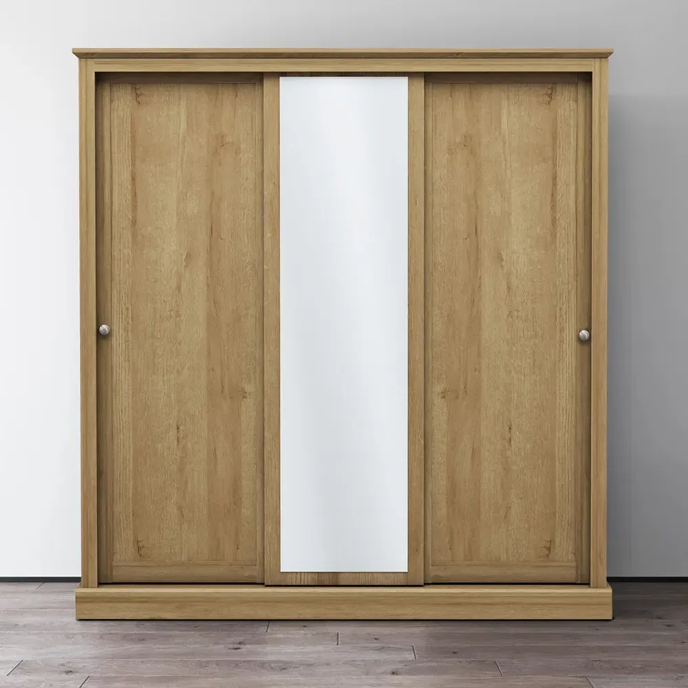 Devon 3-Door Sliding Wardrobe with Mirror - Brown, Oak Effect