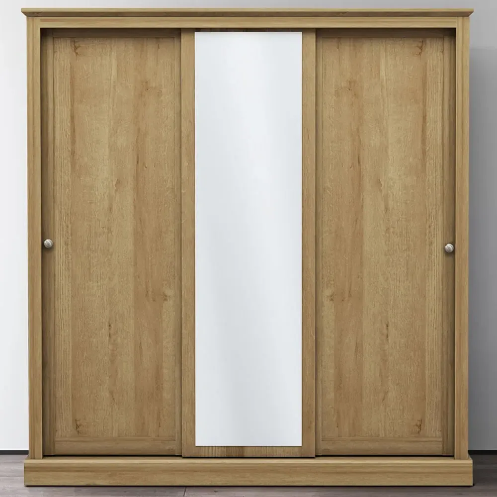 Devon 3-Door Sliding Wardrobe with Mirror - Brown, Oak Effect