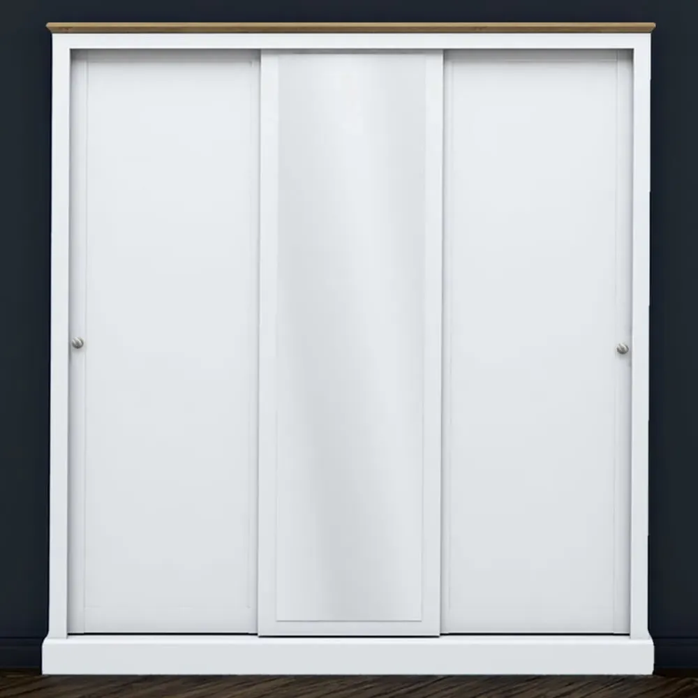 Devon 3-Door Sliding Wardrobe with Mirror - White, Oak Effect