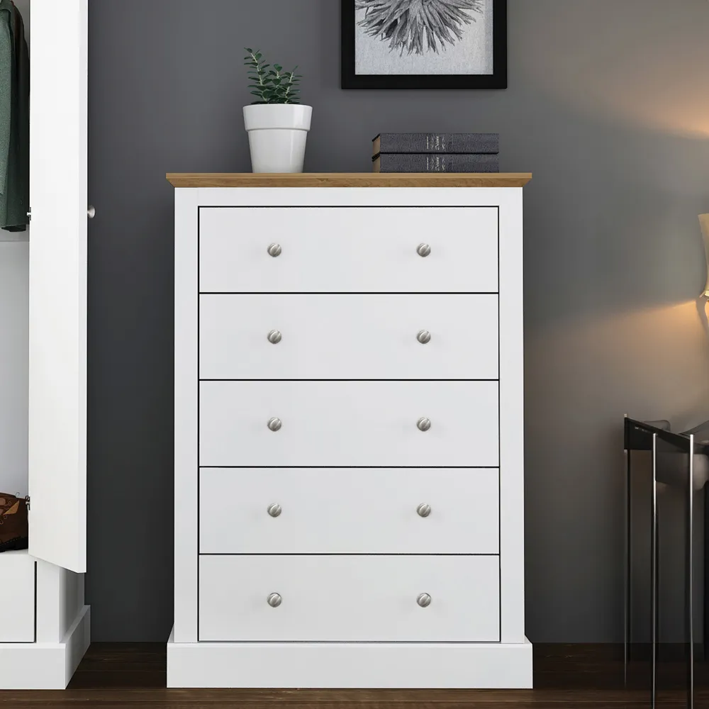 Devon 5 Drawer Chest of Drawers - White