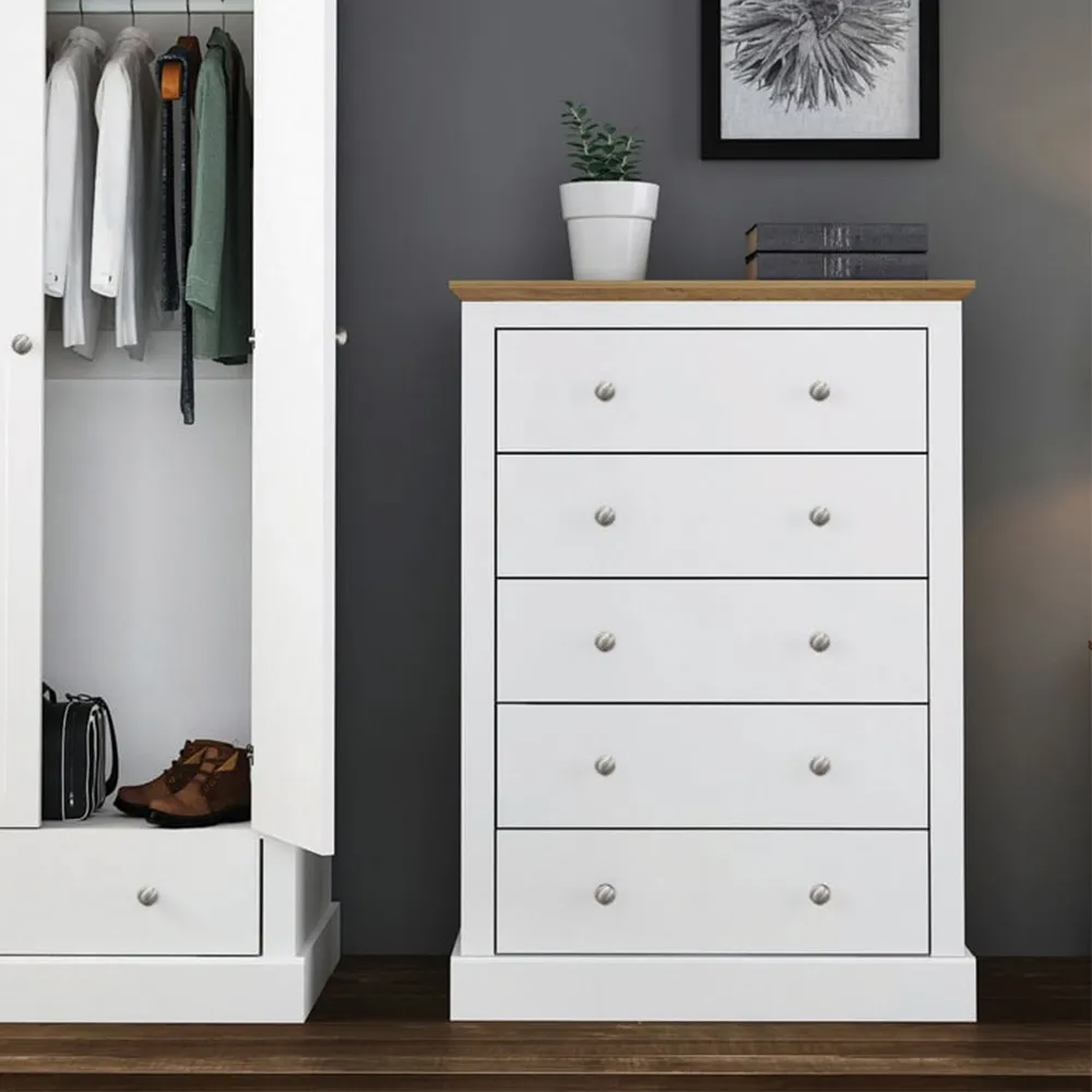 Devon 5 Drawer Chest of Drawers - White