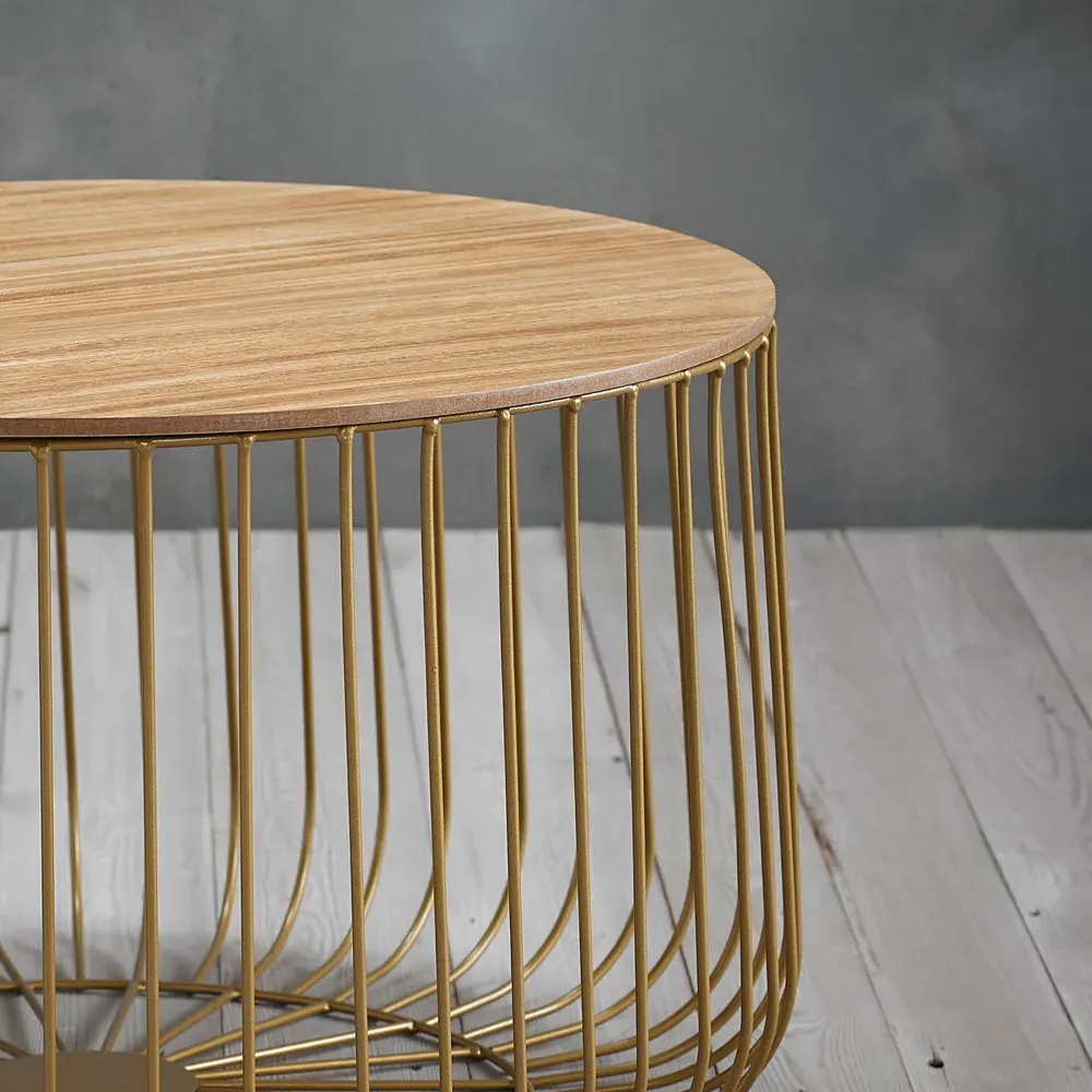Enzo Large Cage Table with Storage - Oak, Gold
