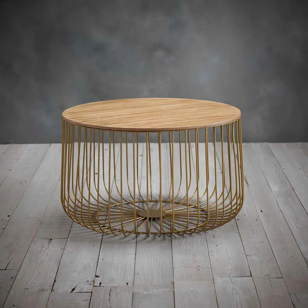 Enzo Large Cage Table with Storage - Oak, Gold