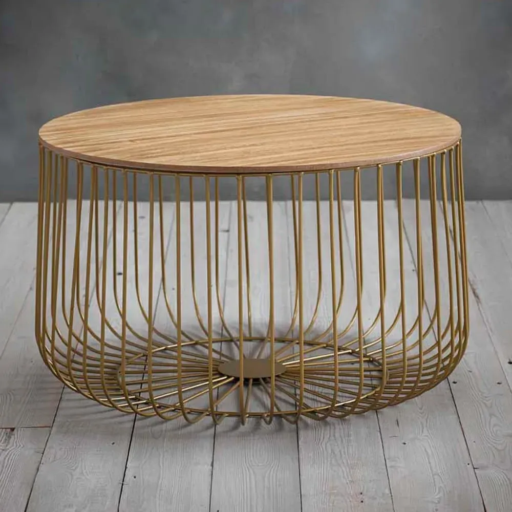 Enzo Large Cage Table with Storage - Oak, Gold