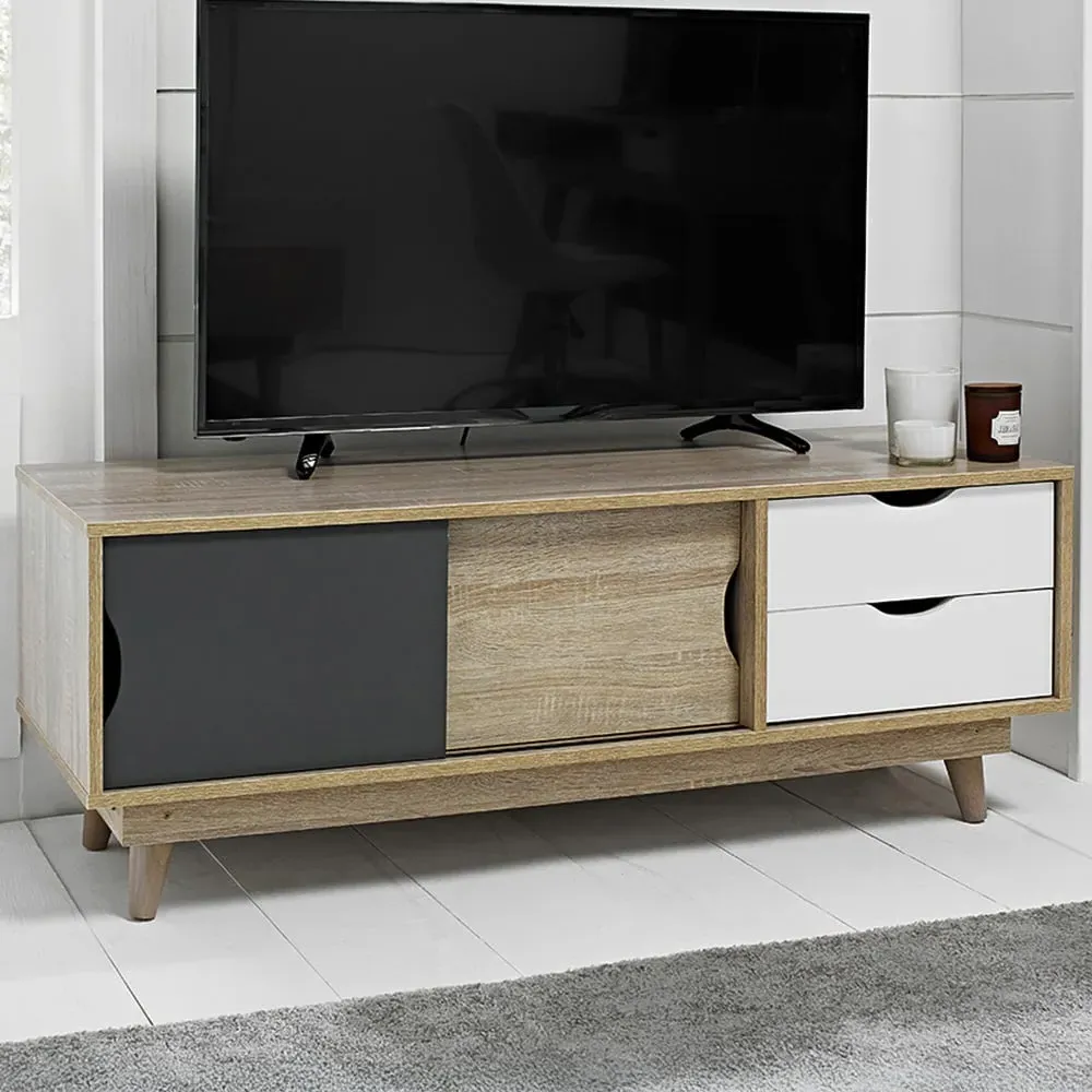 Scandi 2 Door 2 Drawer TV Unit - Grey, Oak