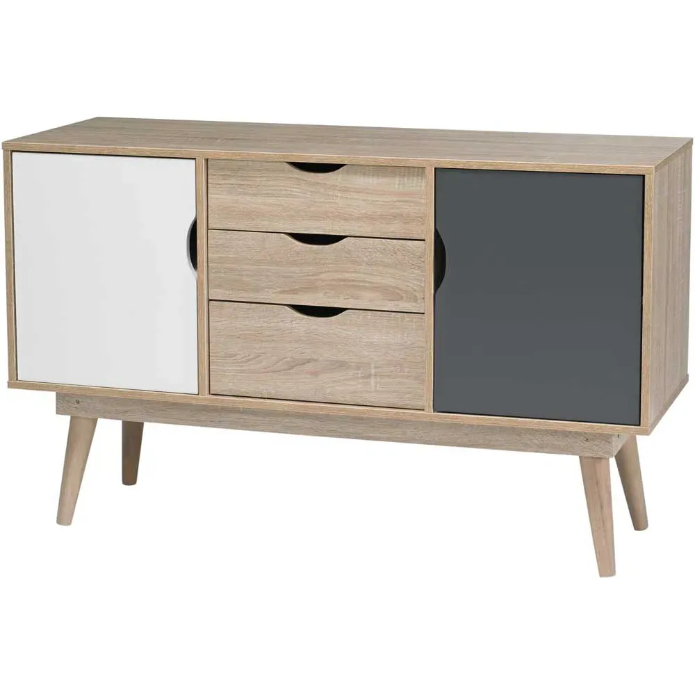 Scandi 2 Door 3 Drawer Large Sideboard - Grey, Oak Effect
