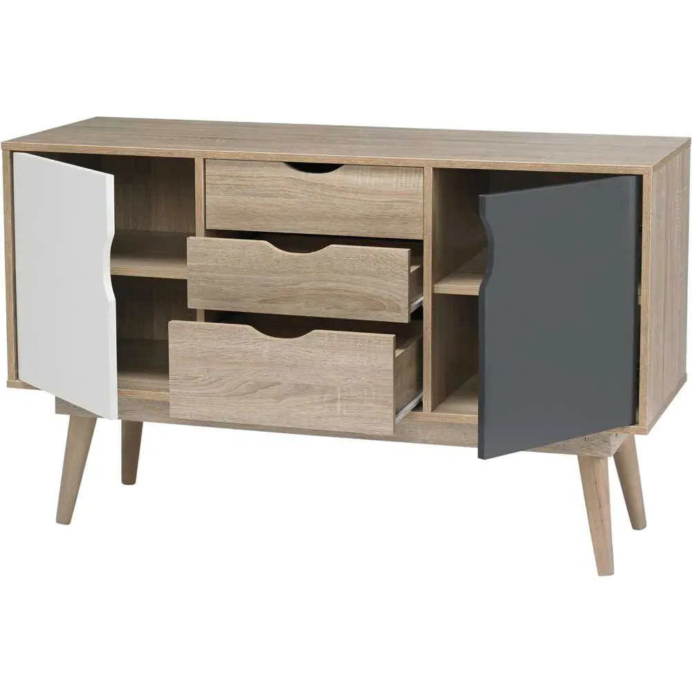 Scandi 2 Door 3 Drawer Large Sideboard - Grey, Oak Effect