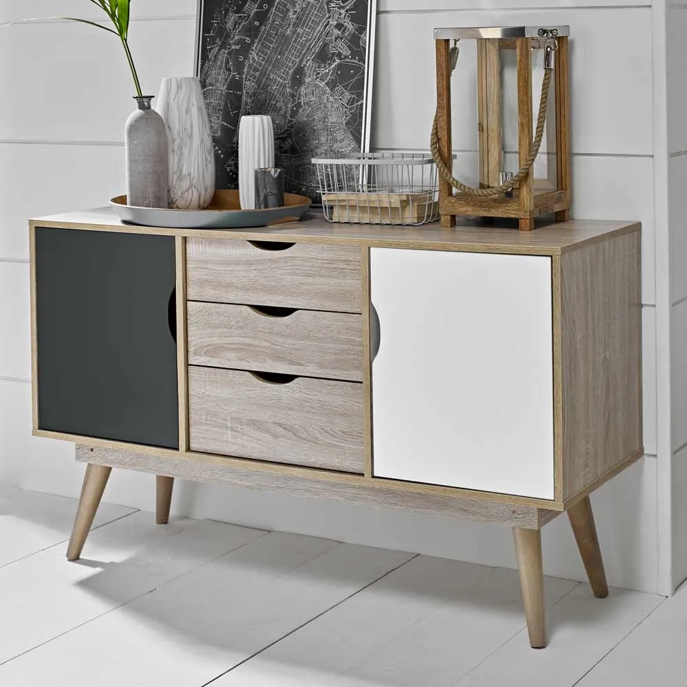 Scandi 2 Door 3 Drawer Large Sideboard - Grey, Oak Effect