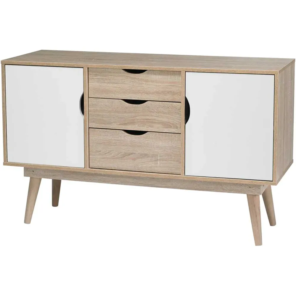 Scandi 2 Door 3 Drawer Large Sideboard - White, Oak Effect
