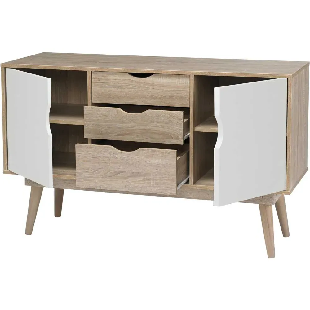Scandi 2 Door 3 Drawer Large Sideboard - White, Oak Effect