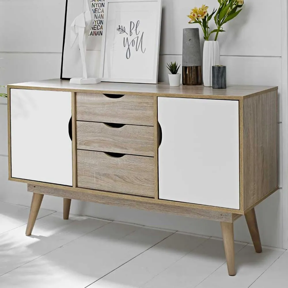 Scandi 2 Door 3 Drawer Large Sideboard - White, Oak Effect image