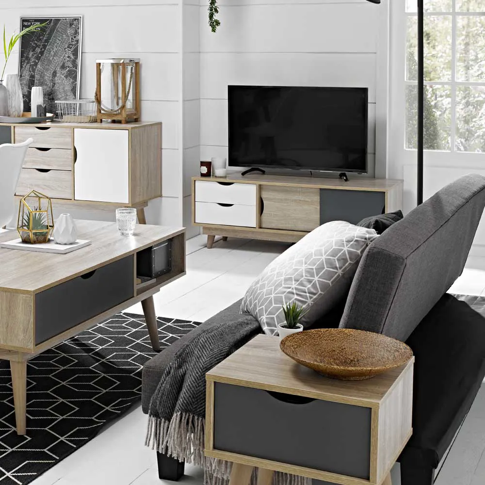 Scandi Single Drawer Side Table - Grey, Oak Effect