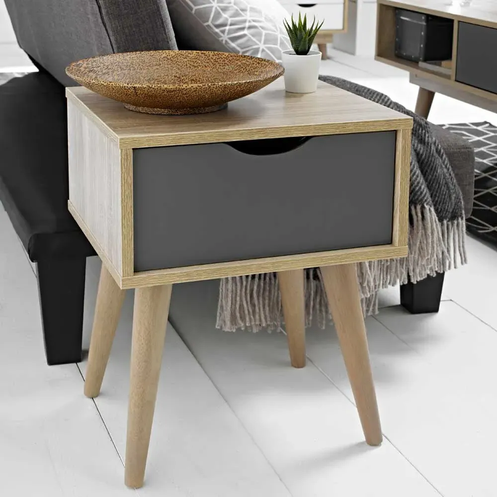 Scandi Single Drawer Side Table - Grey, Oak Effect image