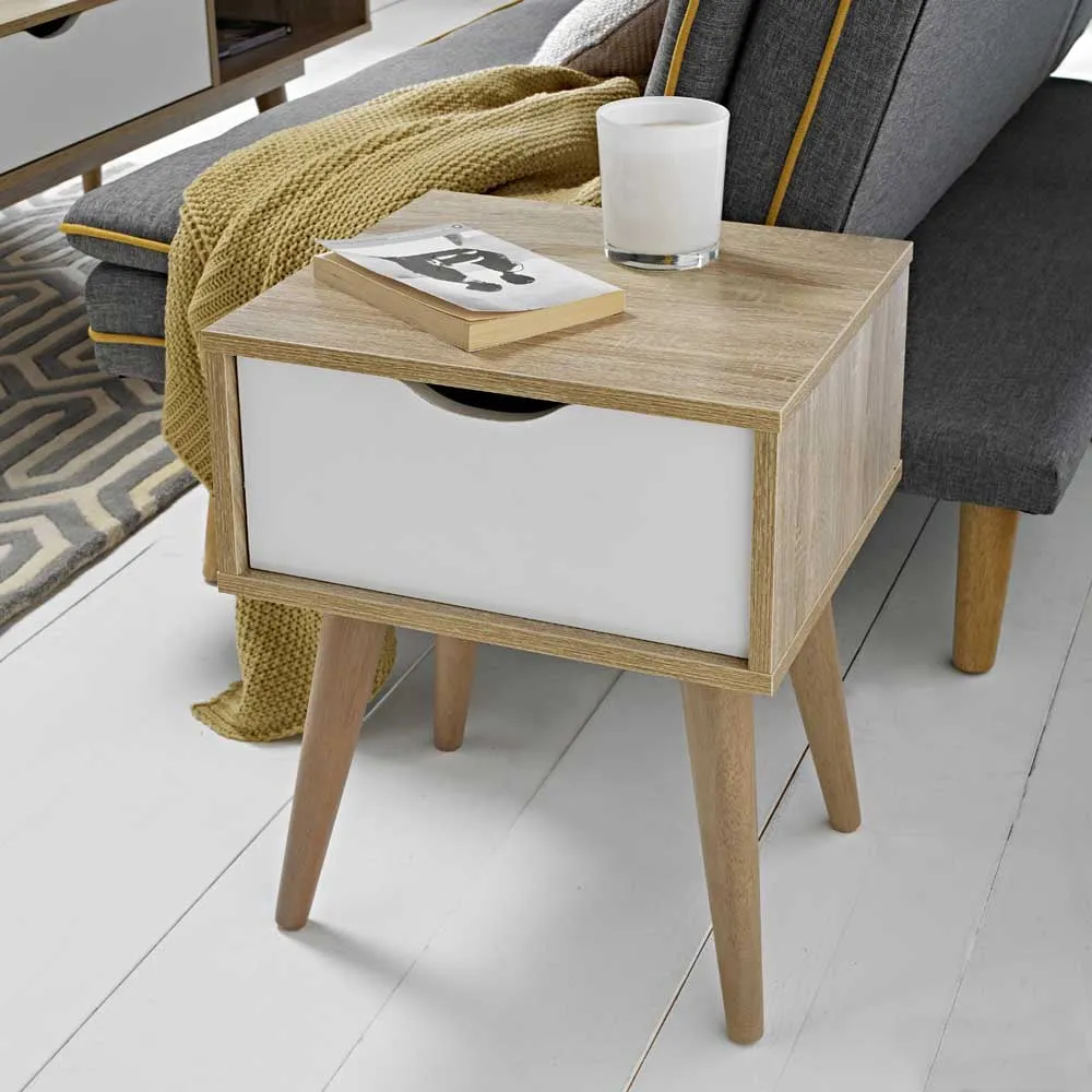 Scandi Single Drawer Side Table - White, Oak Effect
