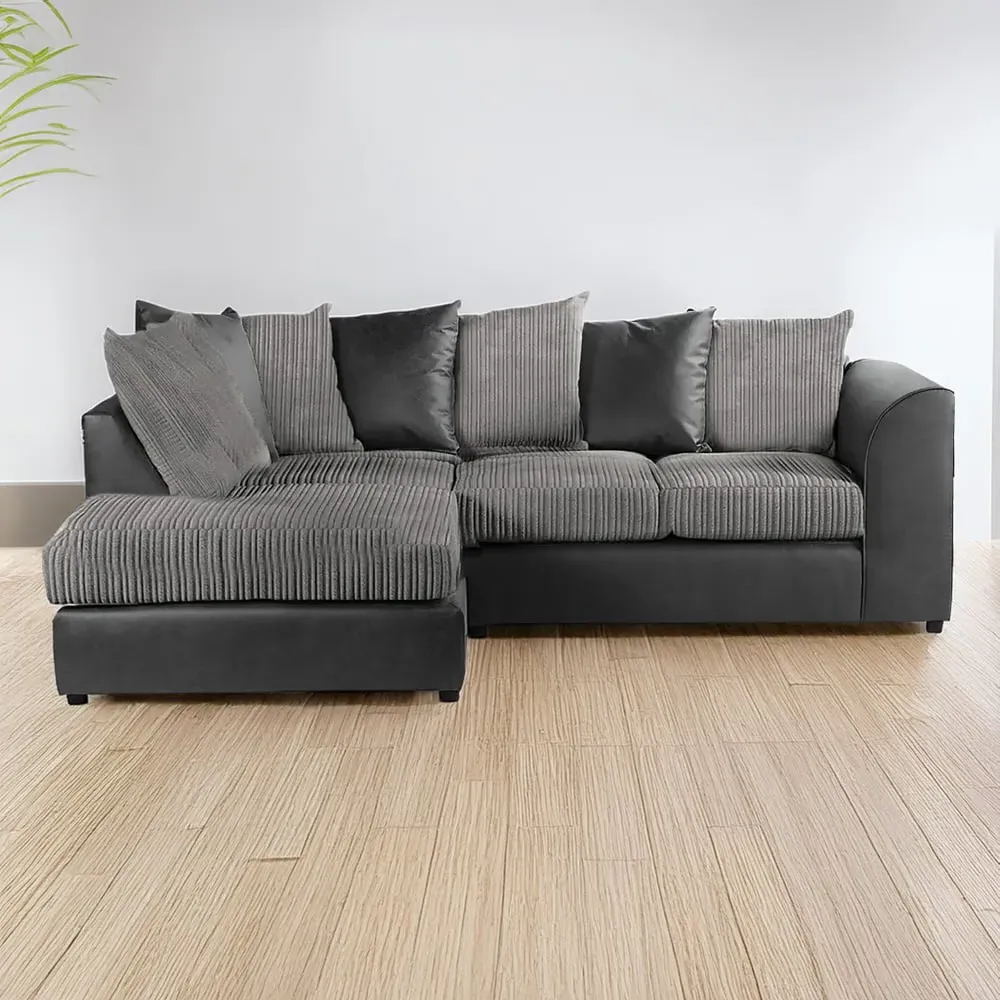 3-Seater Right Hand Corner Sofa - Black and Grey, Jumbo Cord