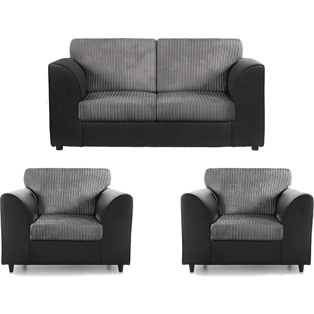 4-Seater Full Back Sofa Suite - Black and Grey, Jumbo Cord