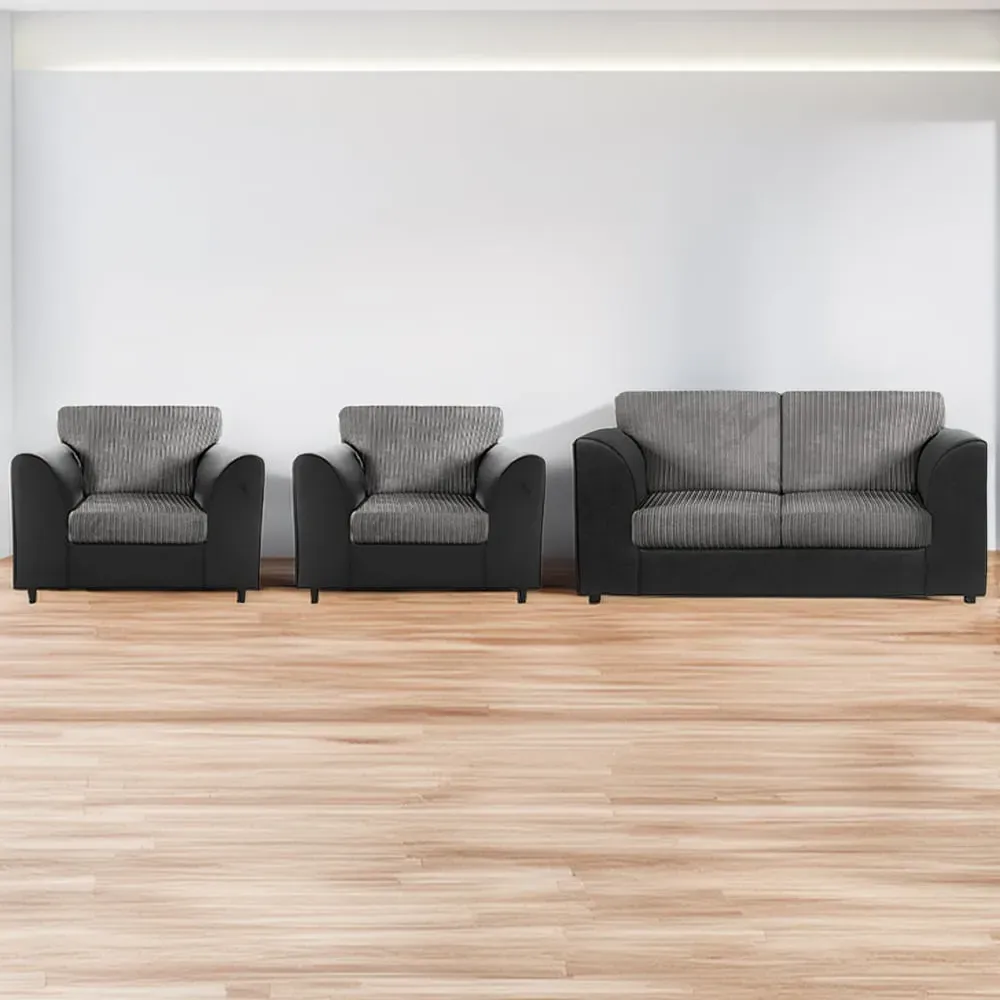 4-Seater Full Back Sofa Suite - Black and Grey, Jumbo Cord