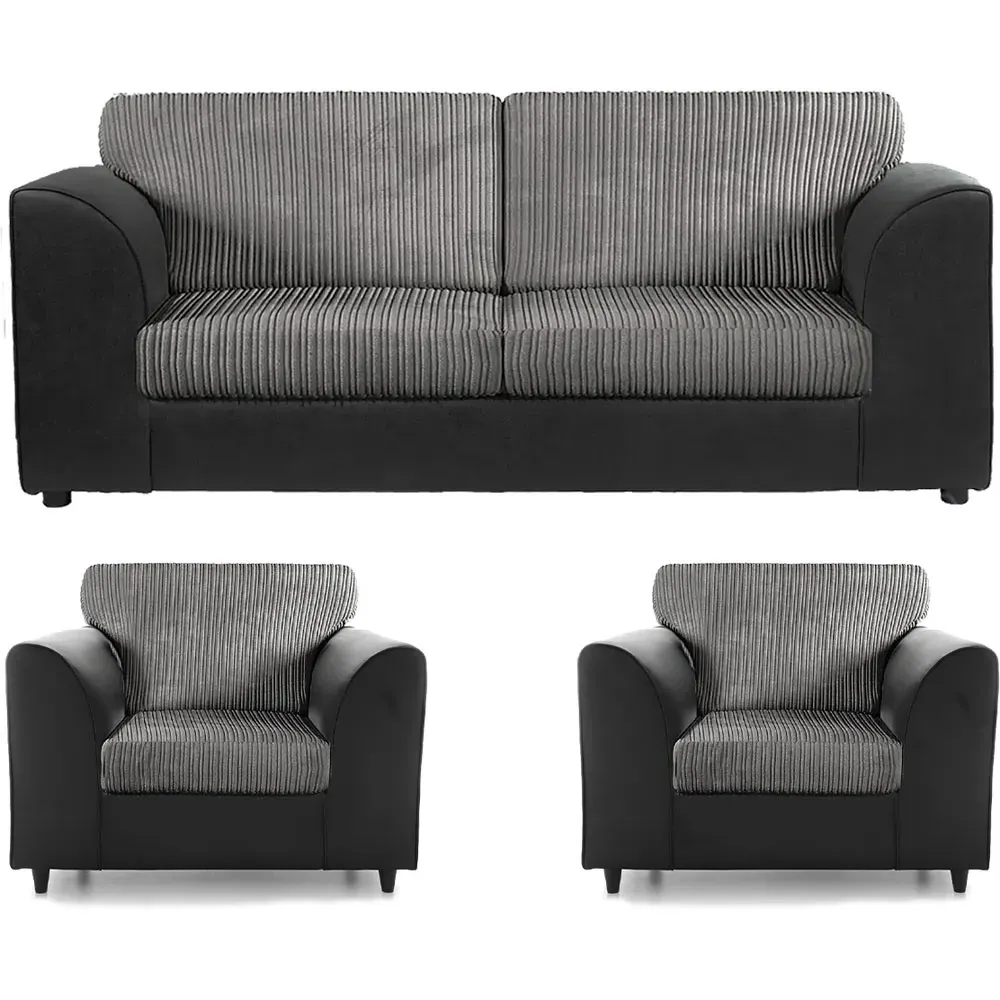 5-Seater Full Back Sofa Suite - Black and Grey, Jumbo Cord