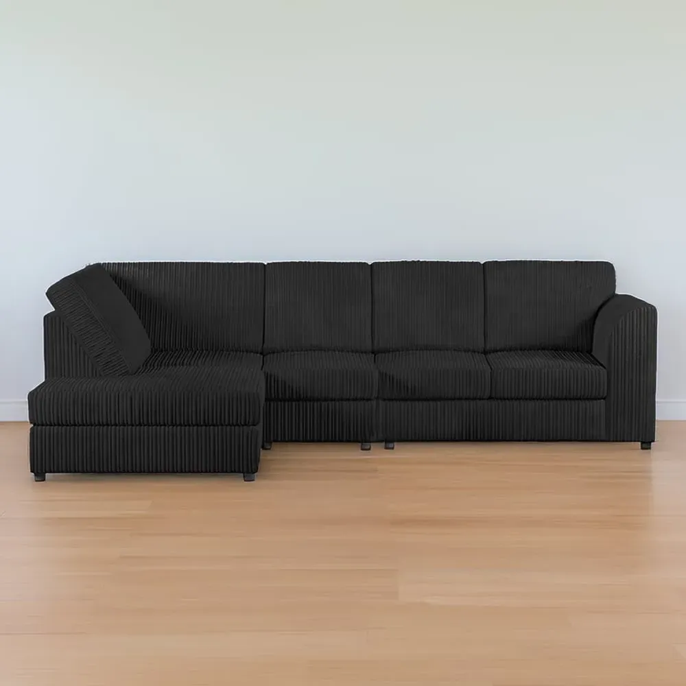 5-Seater L-Shaped Corner Sofa Right Hand - Black, Jumbo Cord