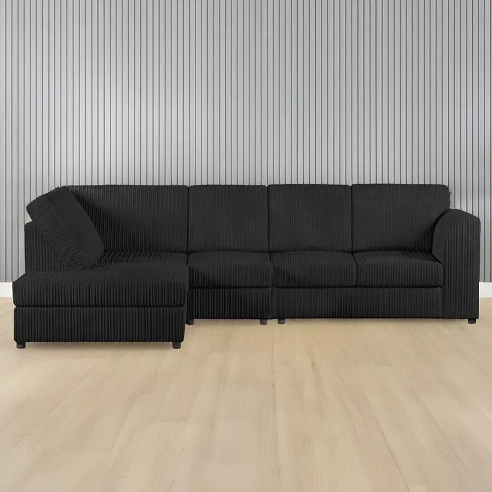 5-Seater L-Shaped Right Hand Corner Sofa - Black, Cord