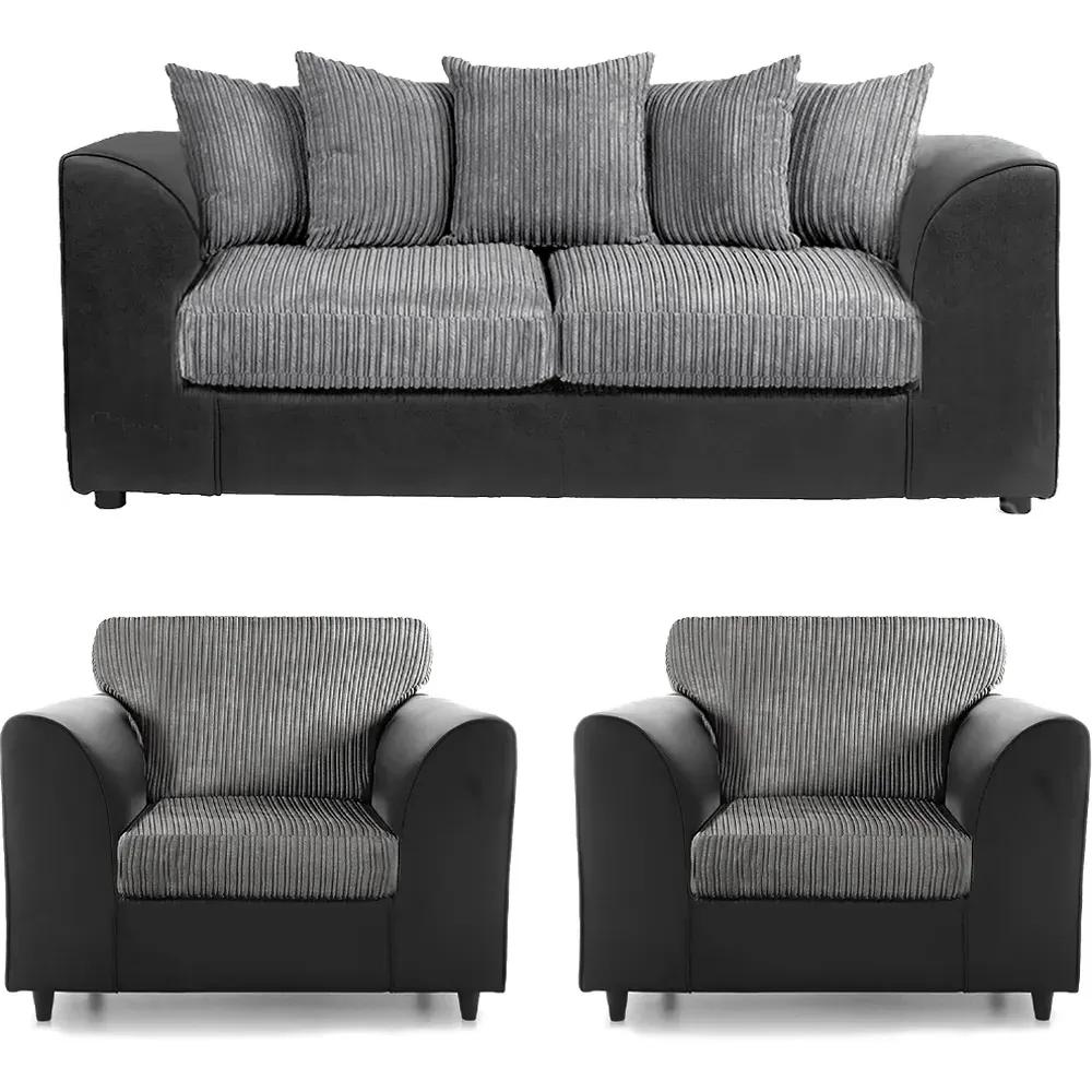 5-Seater Scatter Back Sofa Suite - Black and Grey, Jumbo Cord