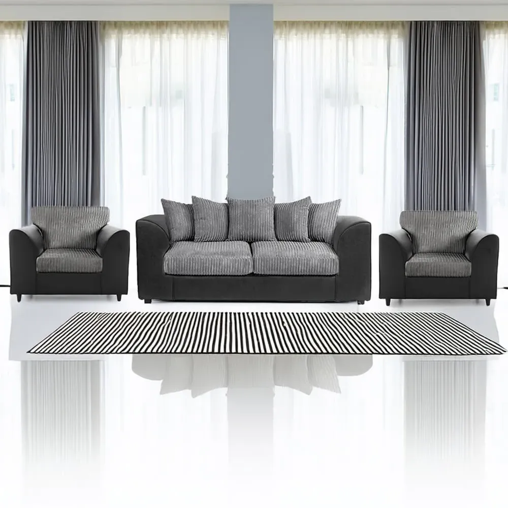 5-Seater Scatter Back Sofa Suite - Black and Grey, Jumbo Cord