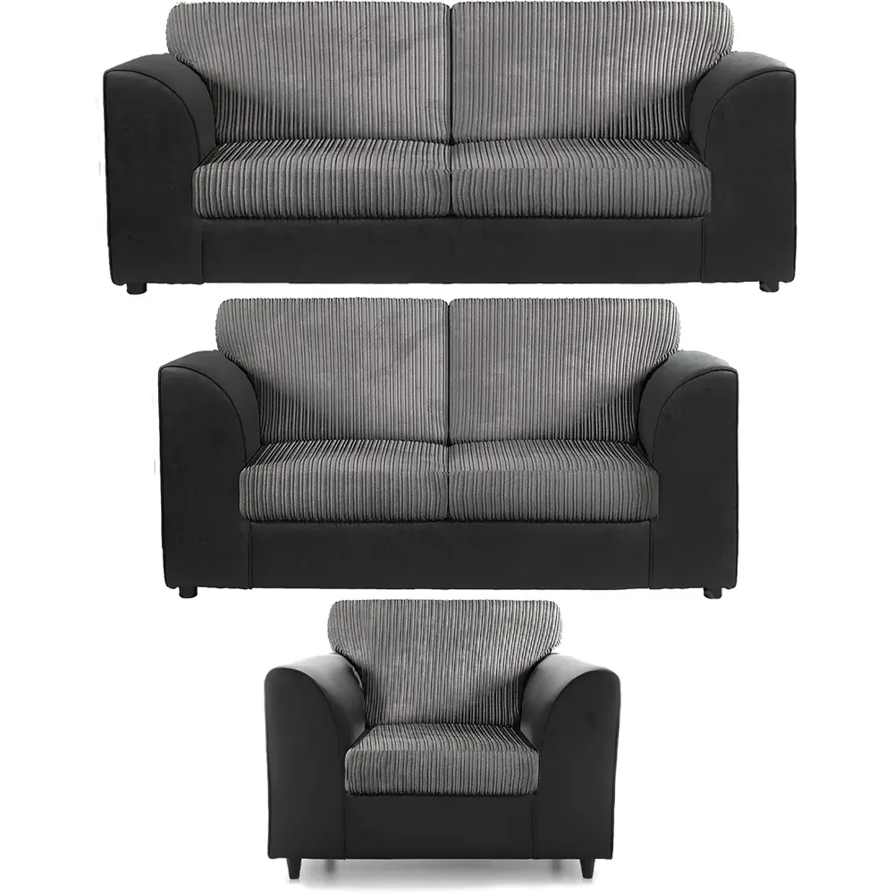 6-Seater Full Back Sofa Suite - Black and Grey, Jumbo Cord