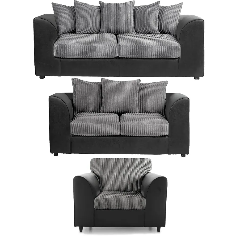 6-Seater Scatter Back Sofa Suite - Black and Grey, Jumbo Cord