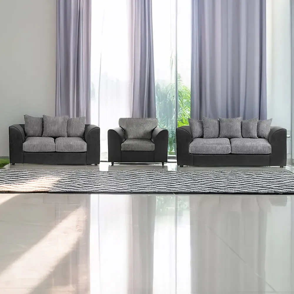 6-Seater Scatter Back Sofa Suite - Black and Grey, Jumbo Cord