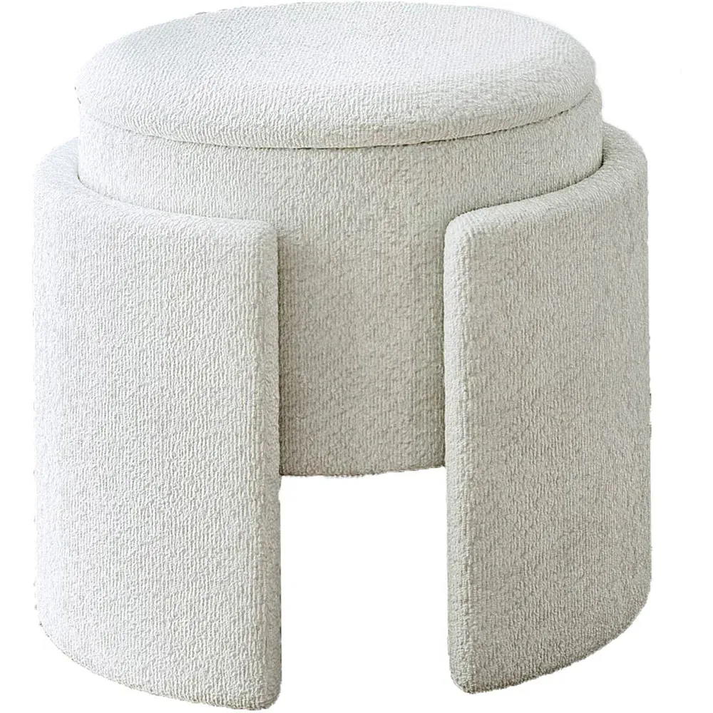 CARME Mabel Storage Stool with Storage - White, Bouclé