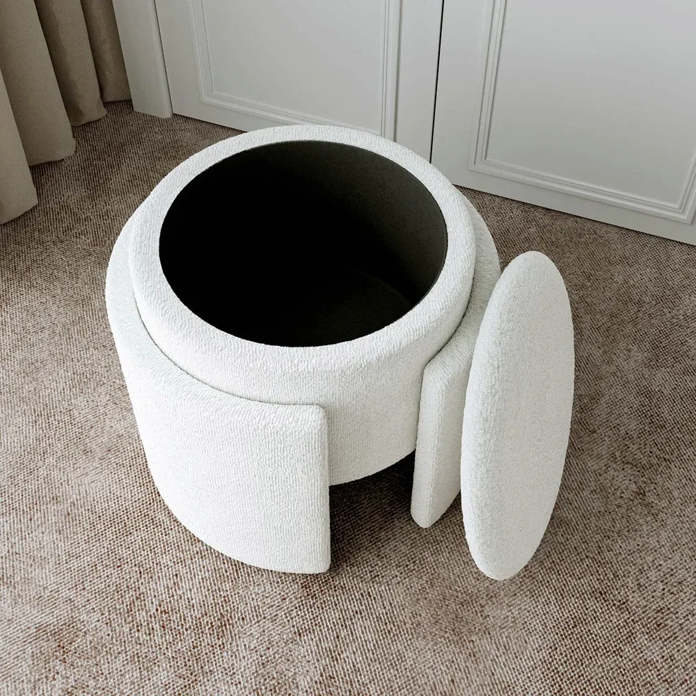 CARME Mabel Storage Stool with Storage - White, Bouclé